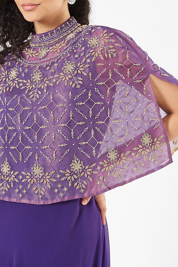 Purple Chiffon Hand Embellished Draped Cocktail Dress by Kavita Bhartia at Pernia's Pop Up Shop