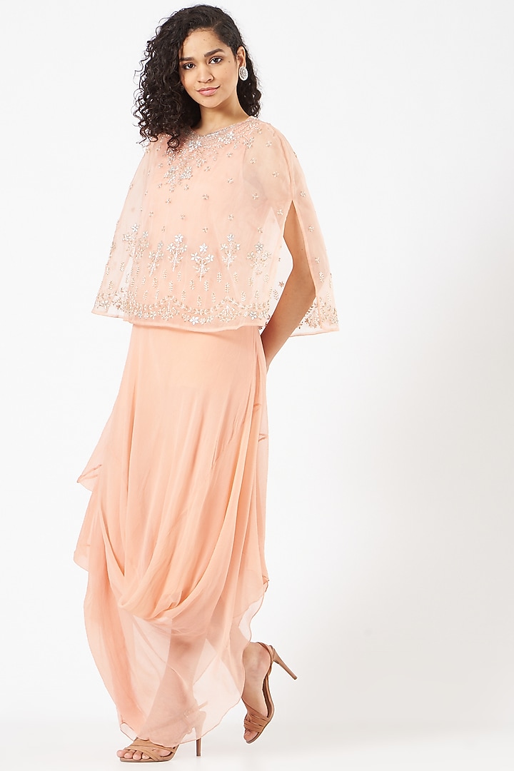 Peach Chiffon Hand Embellished Draped Cocktail Dress by Kavita Bhartia at Pernia's Pop Up Shop