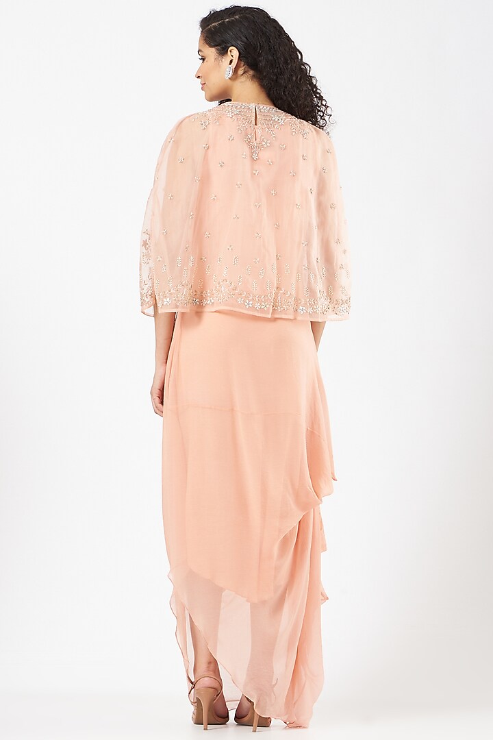 Peach Chiffon Hand Embellished Draped Cocktail Dress by Kavita Bhartia at Pernia's Pop Up Shop
