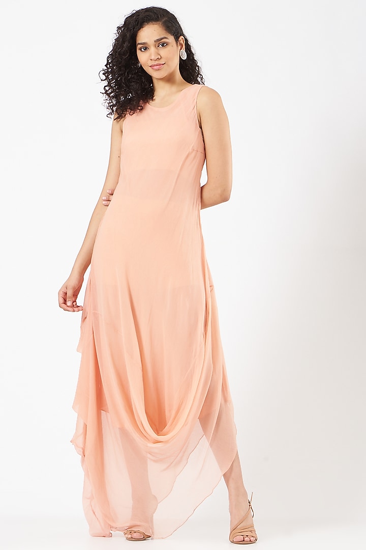 Peach Chiffon Hand Embellished Draped Cocktail Dress by Kavita Bhartia at Pernia's Pop Up Shop