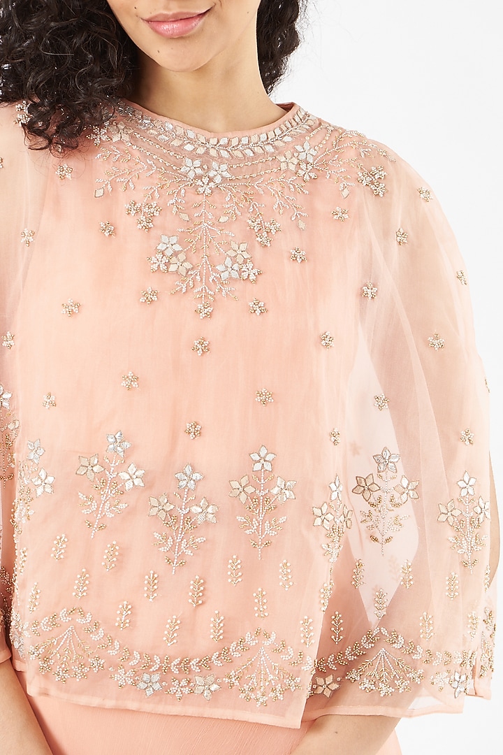 Peach Chiffon Hand Embellished Draped Cocktail Dress by Kavita Bhartia at Pernia's Pop Up Shop