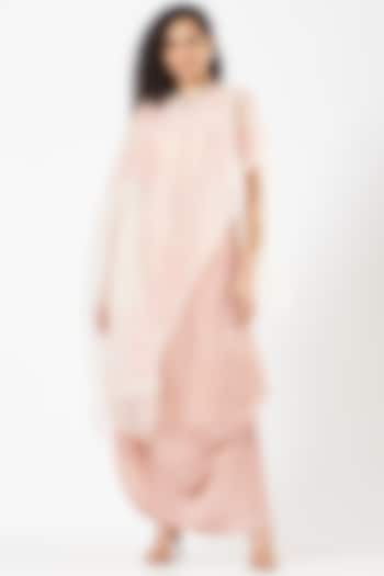 Pink Crinkle Georgette Draped Dress With Cape by Kavita Bhartia
