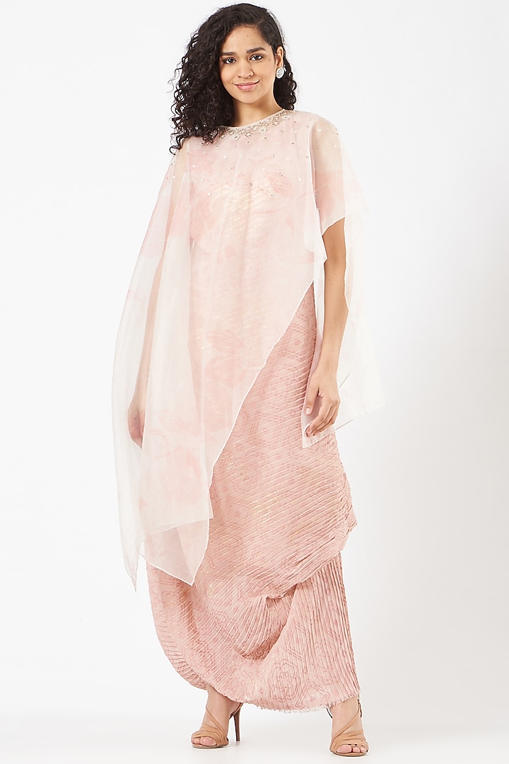 Pink Crinkle Georgette Draped Dress With Cape by Kavita Bhartia