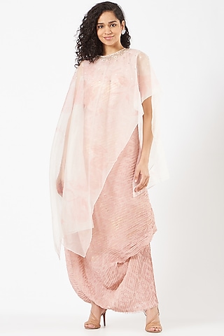 Pink Crinkle Georgette Draped Dress by Kavita Bhartia