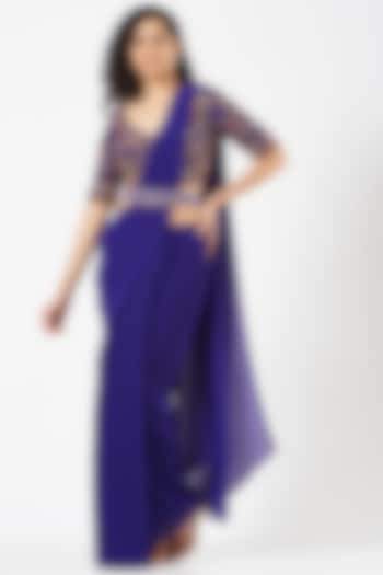 Purple Crinkle Georgette Pre-Stitched Saree Set by Kavita Bhartia