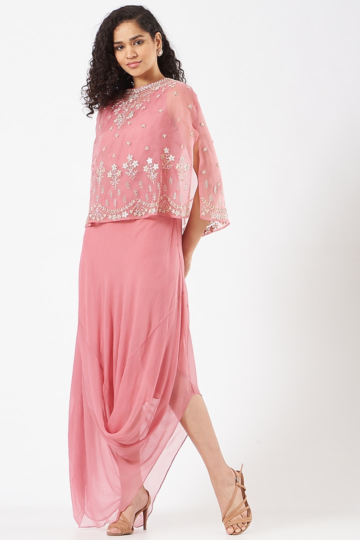 Salmon Pink Chiffon Draped Dress With Cape by Kavita Bhartia