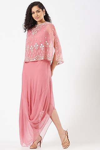 Salmon Pink Chiffon Hand Embellished Draped Dress by Kavita Bhartia