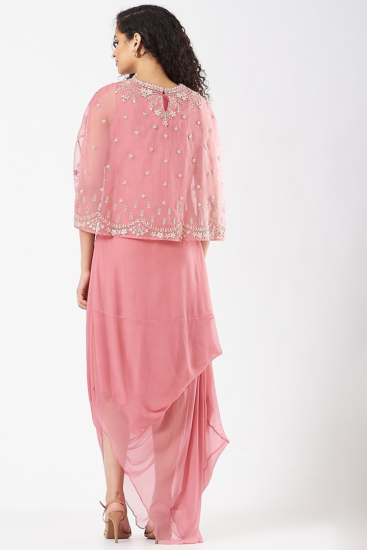 Salmon Pink Chiffon Hand Embellished Draped Cocktail Dress by Kavita Bhartia at Pernia's Pop Up Shop