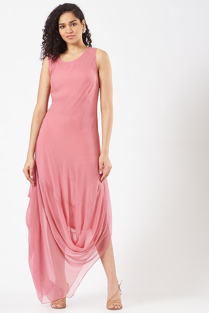 Salmon Pink Chiffon Hand Embellished Draped Cocktail Dress by Kavita Bhartia at Pernia's Pop Up Shop
