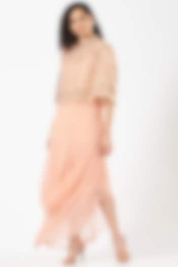 Peach Chiffon Draped Dress With Cape by Kavita Bhartia
