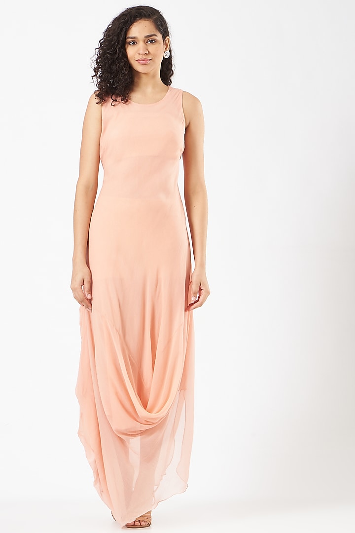 Peach Chiffon Hand Embellished Draped Cocktail Dress by Kavita Bhartia at Pernia's Pop Up Shop