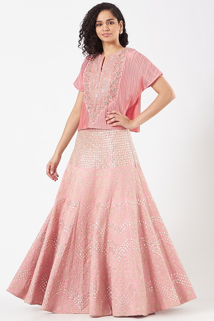 Salmon Pink Dupion Embroidered Skirt Set by Kavita Bhartia
