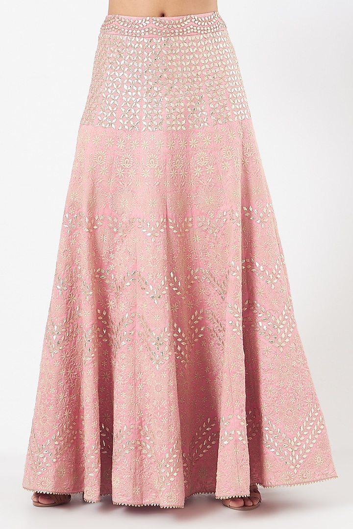 Salmon Pink Dupion Embroidered Skirt Set by Kavita Bhartia at Pernia's Pop Up Shop