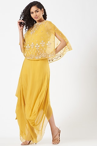 Yellow Chiffon Hand Embellished Draped Dress by Kavita Bhartia
