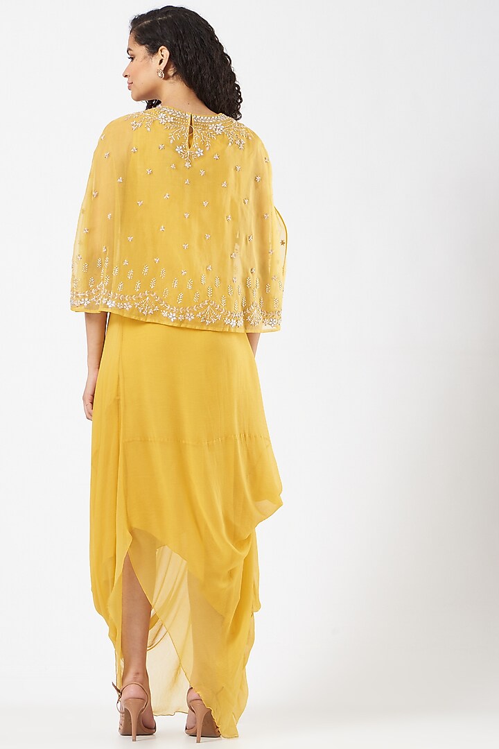 Yellow Chiffon Hand Embellished Draped Cocktail Dress by Kavita Bhartia at Pernia's Pop Up Shop
