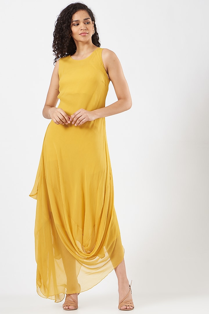 Yellow Chiffon Hand Embellished Draped Cocktail Dress by Kavita Bhartia at Pernia's Pop Up Shop
