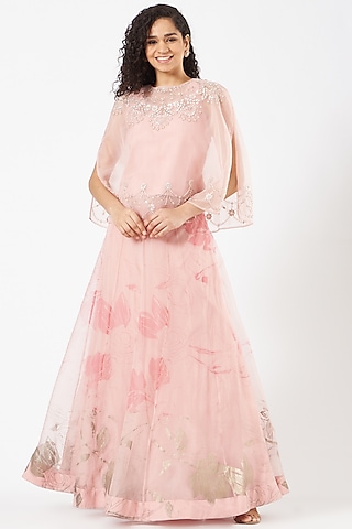 Blush Pink Organza Embroidered Skirt Set by Kavita Bhartia