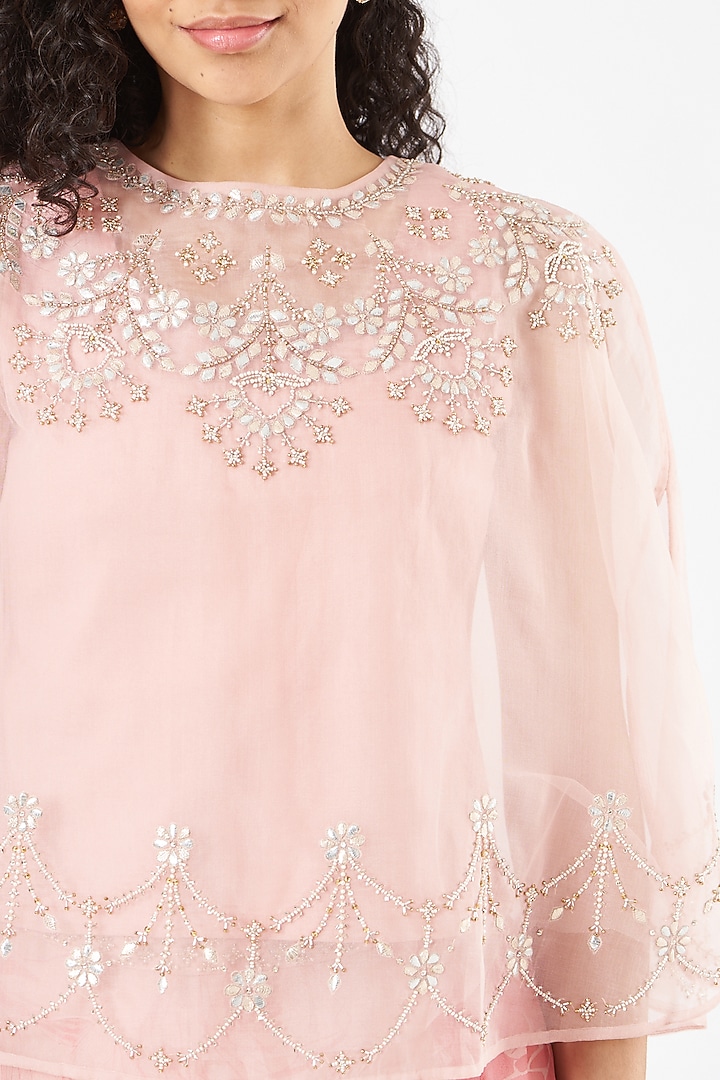 Blush Pink Organza Embroidered Skirt Set by Kavita Bhartia at Pernia's Pop Up Shop
