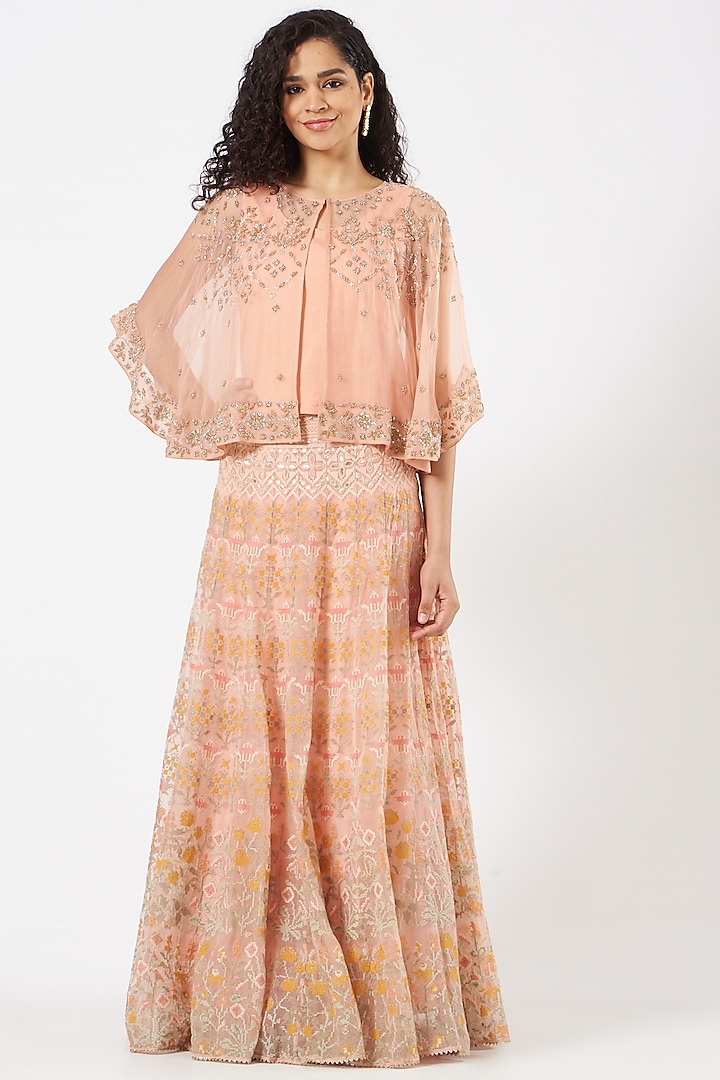 Peach Organza Silk Embroidered Skirt Set by Kavita Bhartia at Pernia's Pop Up Shop