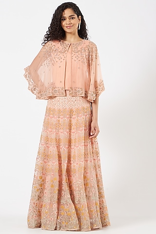 Peach Organza Silk Embroidered Skirt Set by Kavita Bhartia