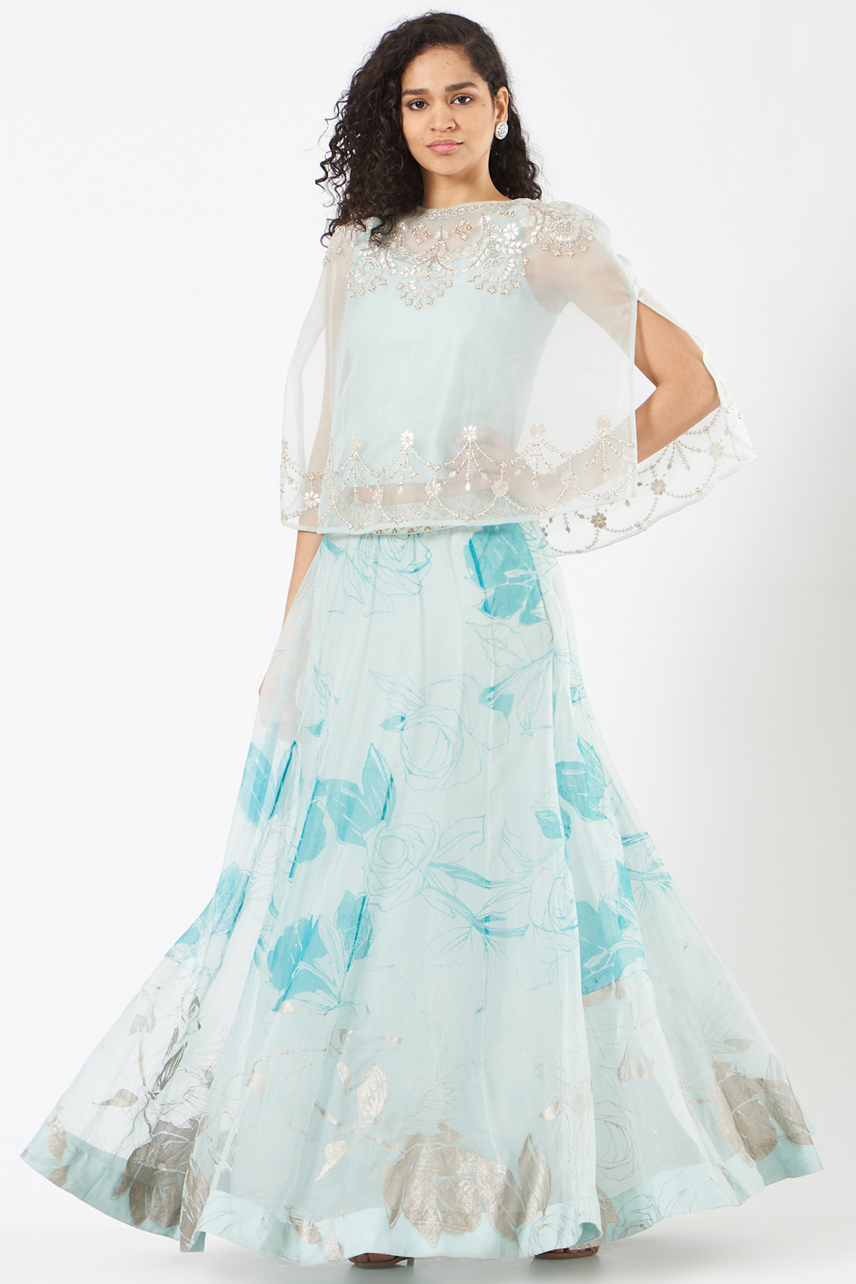 Powder Blue Organza Silk Embroidered Skirt Set by Kavita Bhartia at Pernia's Pop Up Shop