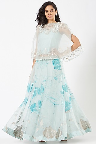 Powder Blue Organza Silk Embroidered Skirt Set by Kavita Bhartia
