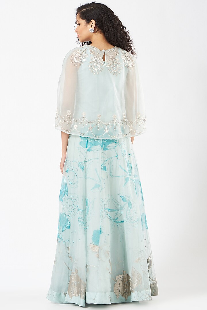 Powder Blue Organza Silk Embroidered Skirt Set by Kavita Bhartia at Pernia's Pop Up Shop