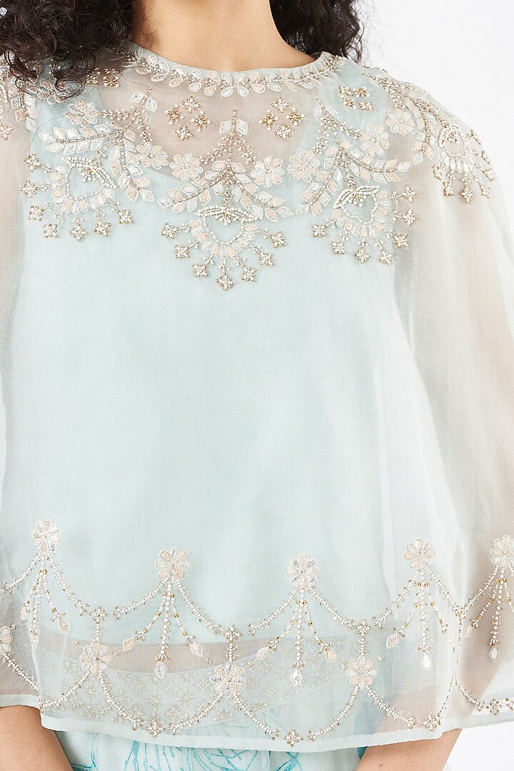 Powder Blue Organza Silk Embroidered Skirt Set by Kavita Bhartia at Pernia's Pop Up Shop