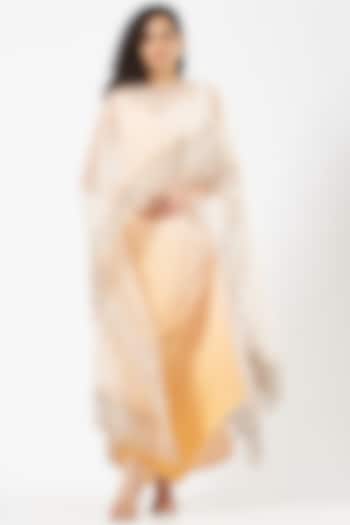 Yellow & White Crepe Draped Dress With Printed Cape by Kavita Bhartia