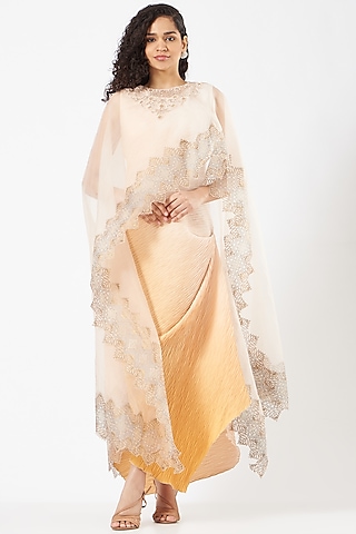 Yellow & White Crepe Draped Dress With Printed Cape by Kavita Bhartia