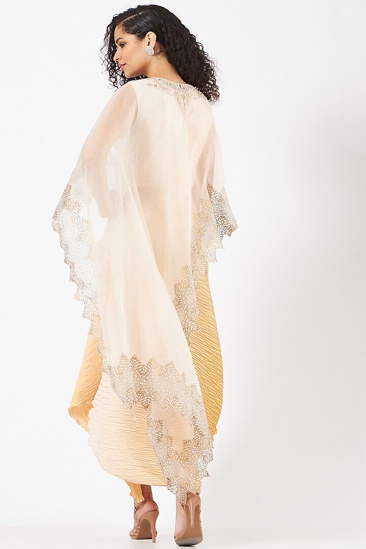 Yellow & White Crepe Draped Vacation Dress With Printed Cape by Kavita Bhartia at Pernia's Pop Up Shop