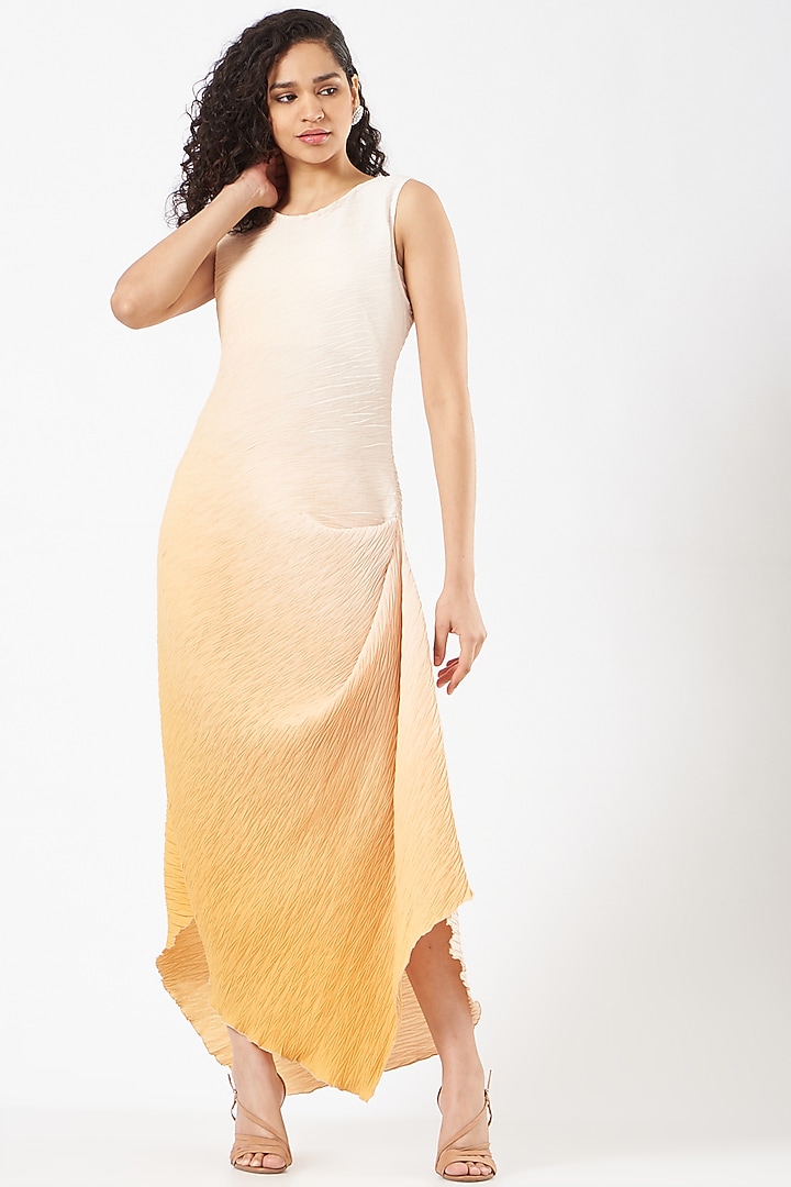 Yellow & White Crepe Draped Vacation Dress With Printed Cape by Kavita Bhartia at Pernia's Pop Up Shop