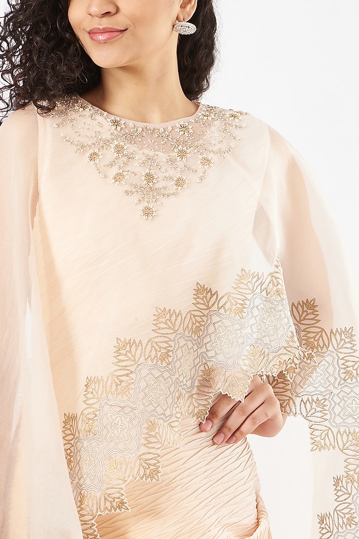 Yellow & White Crepe Draped Vacation Dress With Printed Cape by Kavita Bhartia at Pernia's Pop Up Shop