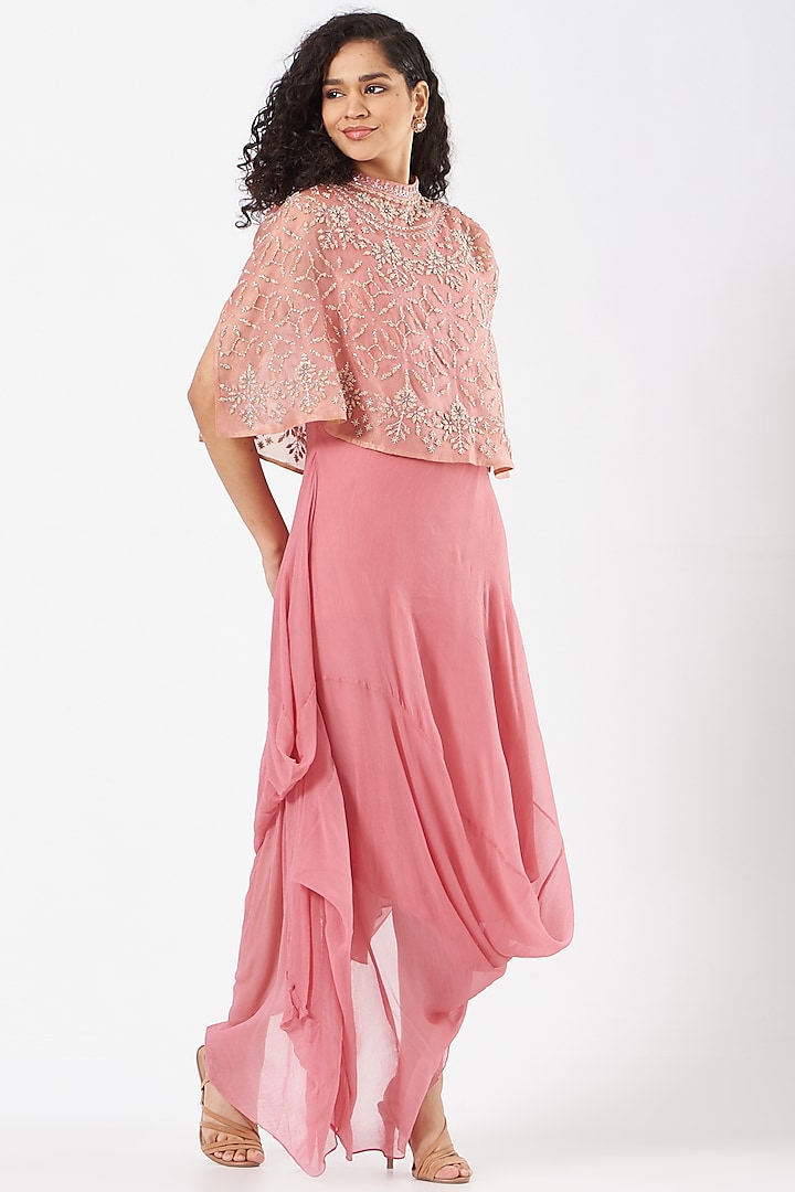 Salmon Pink Hand Embellished Cape Dress by Kavita Bhartia