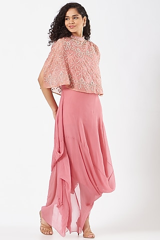 Salmon Pink Chiffon Hand Embellished Draped Dress by Kavita Bhartia