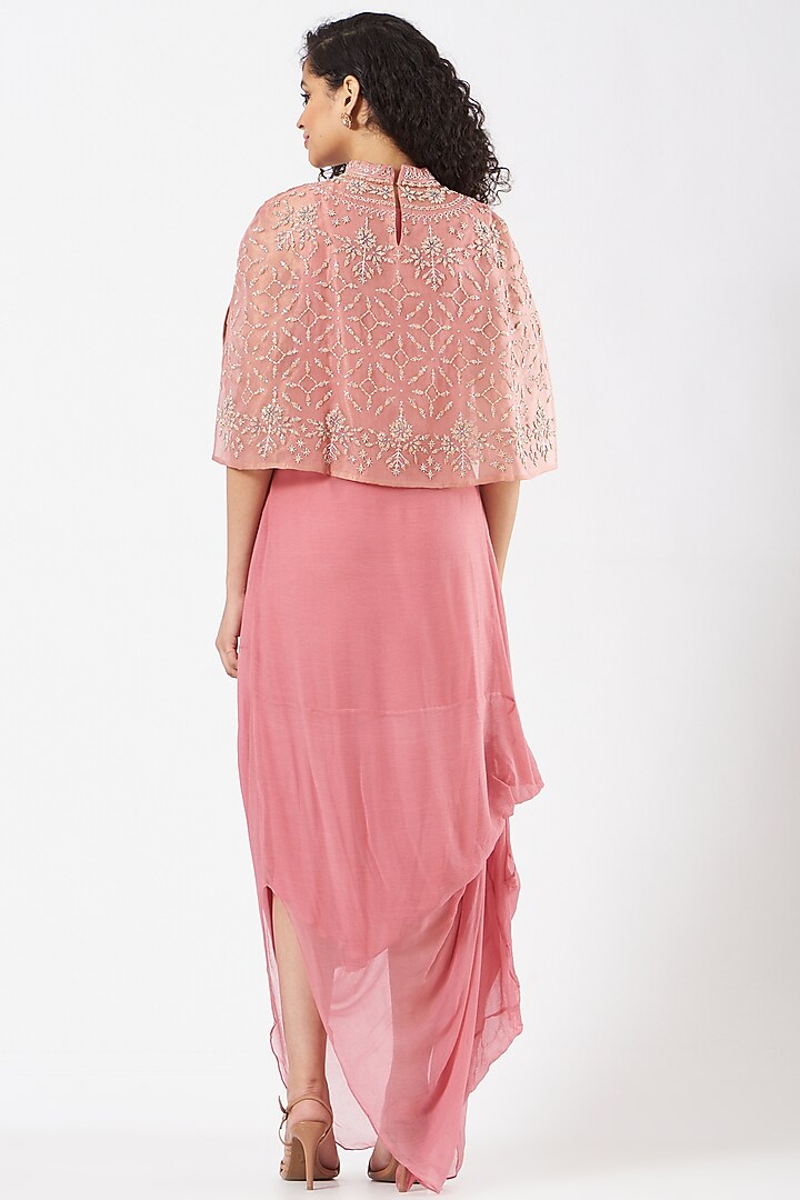 Salmon Pink Chiffon Hand Embellished Draped Cocktail Dress by Kavita Bhartia at Pernia's Pop Up Shop