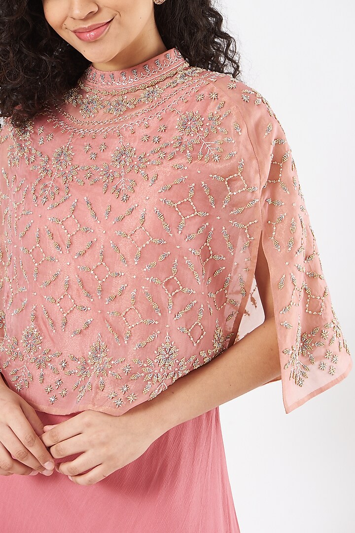 Salmon Pink Chiffon Hand Embellished Draped Cocktail Dress by Kavita Bhartia at Pernia's Pop Up Shop