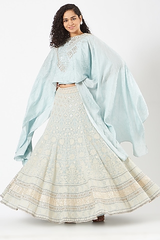 Powder Blue Viscose Georgette Embroidered Skirt Set by Kavita Bhartia