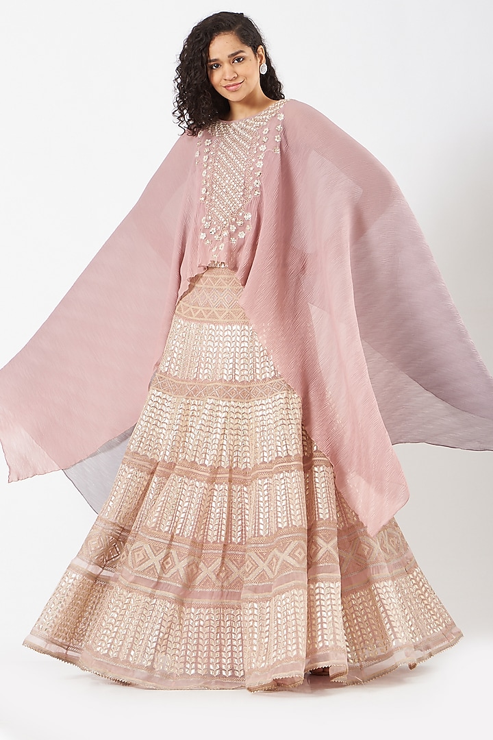 Pinkish Grey Organza Gota Embroidered Skirt Set by Kavita Bhartia