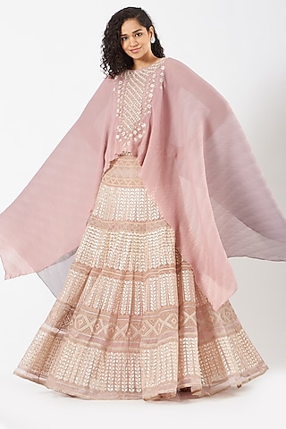 Pinkish Grey Organza Gota Embroidered Skirt Set by Kavita Bhartia