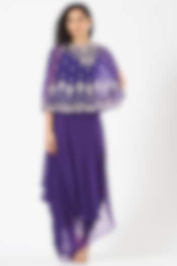 Purple Draped Dress With Organza Cape by Kavita Bhartia