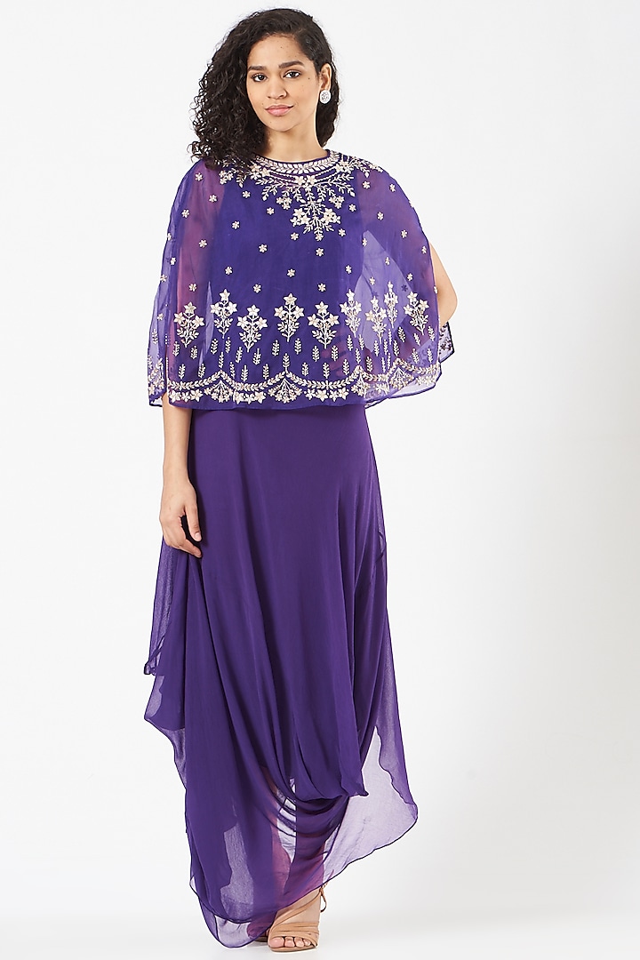 Purple Draped Dress With Organza Cape by Kavita Bhartia
