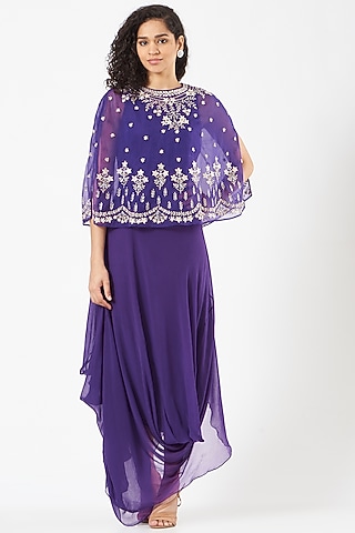 Purple Chiffon Hand Embellished Draped Dress by Kavita Bhartia
