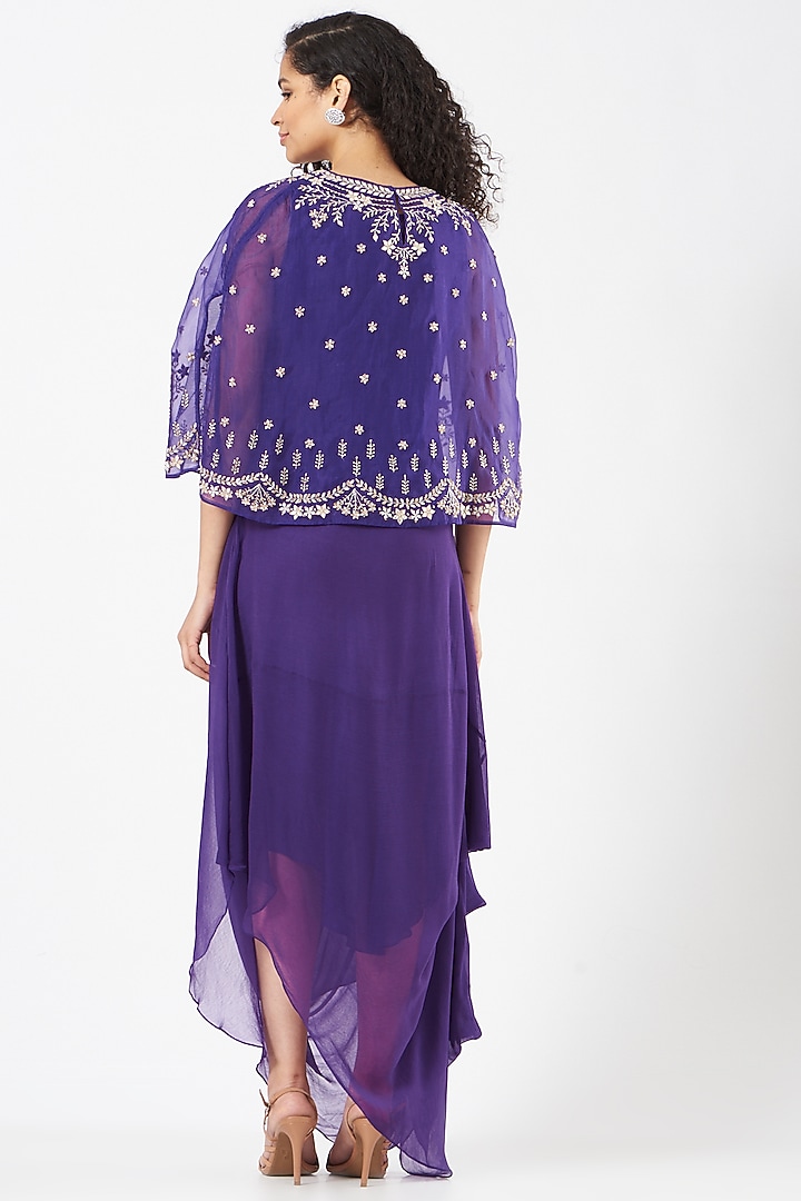 Purple Chiffon Hand Embellished Draped Cocktail Dress by Kavita Bhartia at Pernia's Pop Up Shop