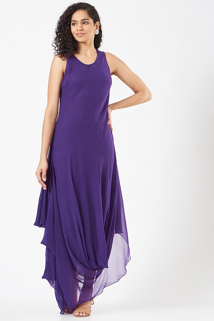 Purple Chiffon Hand Embellished Draped Cocktail Dress by Kavita Bhartia at Pernia's Pop Up Shop