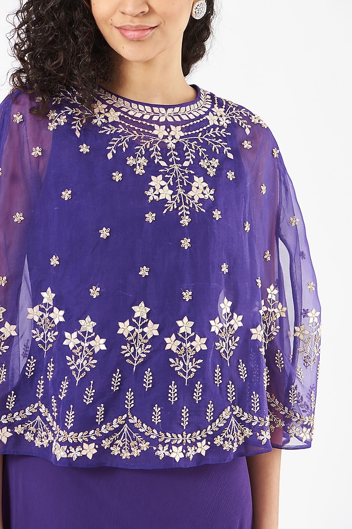 Purple Chiffon Hand Embellished Draped Cocktail Dress by Kavita Bhartia at Pernia's Pop Up Shop
