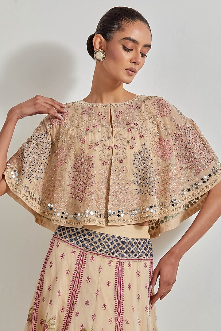 Beige Gold Tissue Chanderi & Cotton Lycra Hand Embellished Cape Set by Kavita Bhartia at Pernia's Pop Up Shop