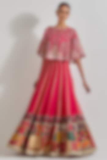 Fuchsia Organza & Cotton Chanderi Patch Work Skirt Set by Kavita Bhartia at Pernia's Pop Up Shop