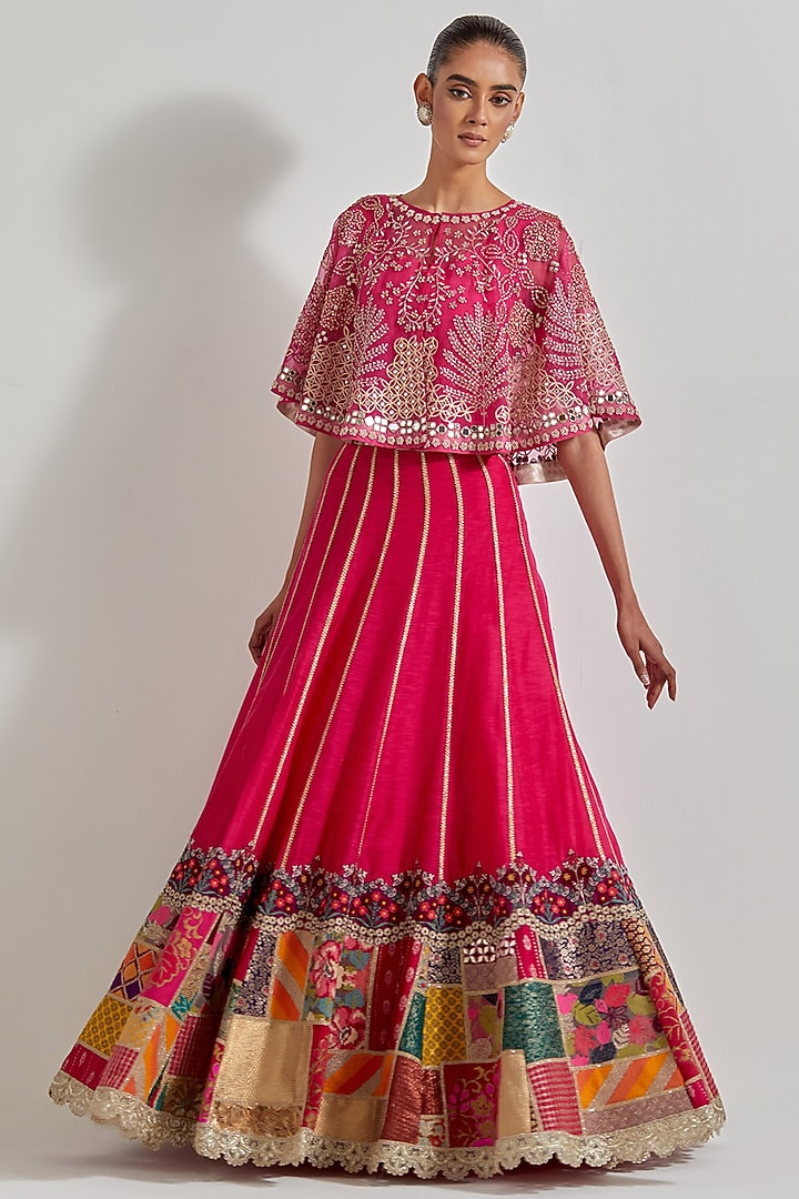 Fuchsia Organza & Cotton Chanderi Patch Work Skirt Set by Kavita Bhartia at Pernia's Pop Up Shop