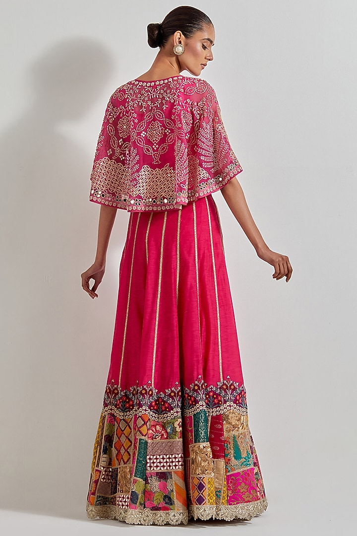 Fuchsia Organza & Cotton Chanderi Patch Work Skirt Set by Kavita Bhartia at Pernia's Pop Up Shop
